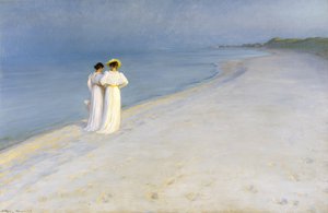 Zomeravond op het strand van Skagen. Anna Ancher en Marie Krøyer wandelen samen.